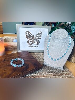 Light Blue & White Stone Beaded Necklace and stretch bracelet Handmade by Evelyn